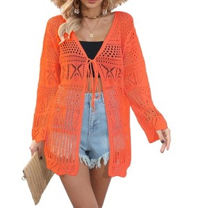 Women Crochet Cardigan Tie Front Long Sleeve Lightweight Cover Up Oversized Hollow Out Summer Cardigans - 1 of 4