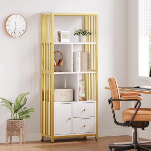 Bookshelf, 62" 4-Tier White Gold Bookcase with 3 Drawers & Door - Metal Frame Storage Cabinet for Office, Living Room - 1 of 4