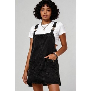 Cherie Code Women's Washed Denim Overall Mini Dress  Casual Adjustable  Strap Pocket Pinafore Dress Black L : Target