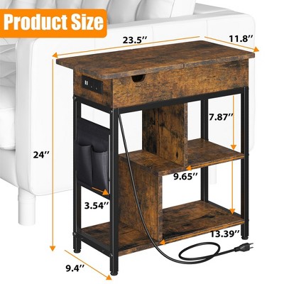 Rustic Brown Particle Board End Table with Charging Station and Storage