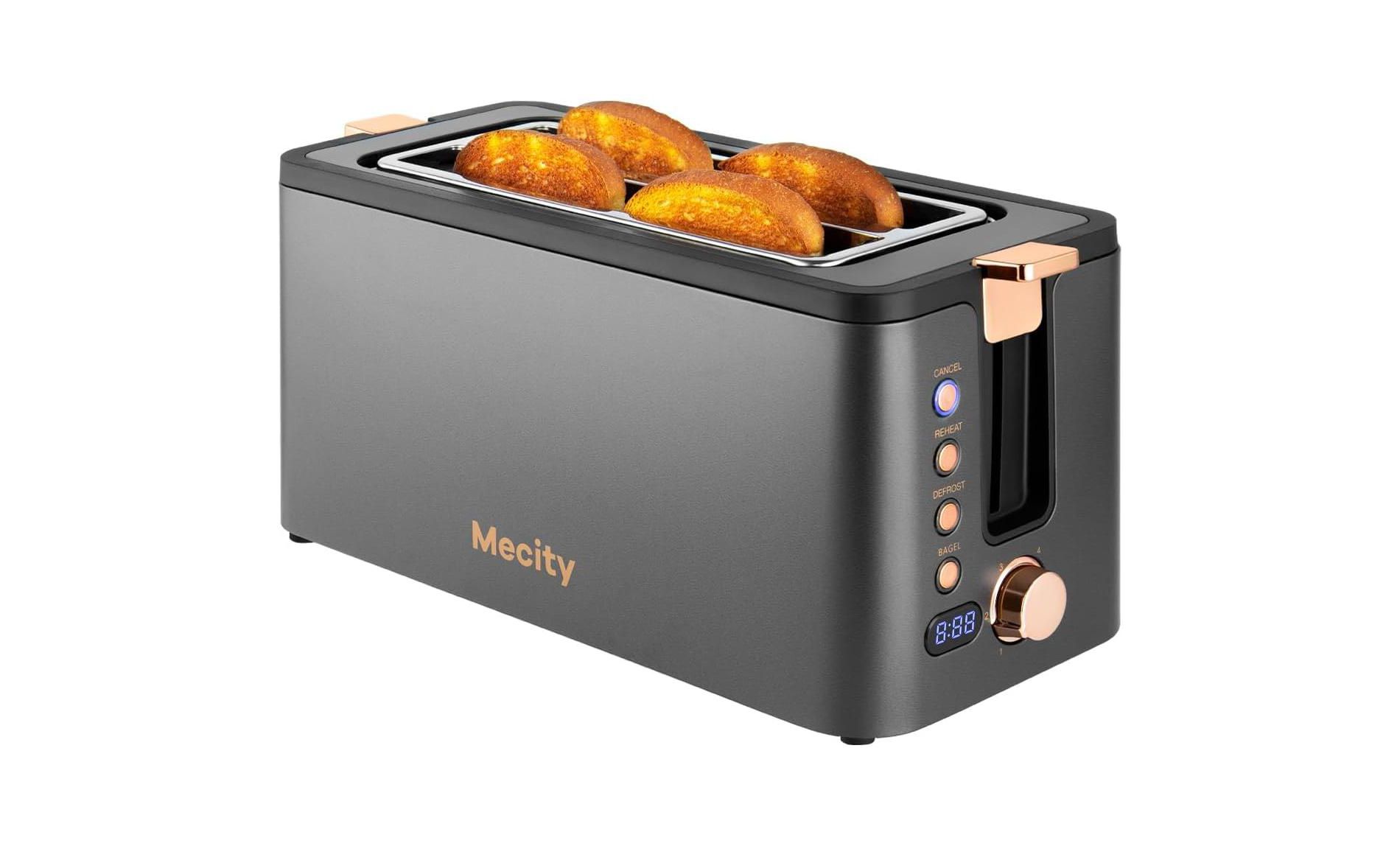 Mecity 4-Slice Long Slot Toaster - Stainless Steel, 1300W, 6 Browning Settings, with Warming Rack & Removable Crumb Tray