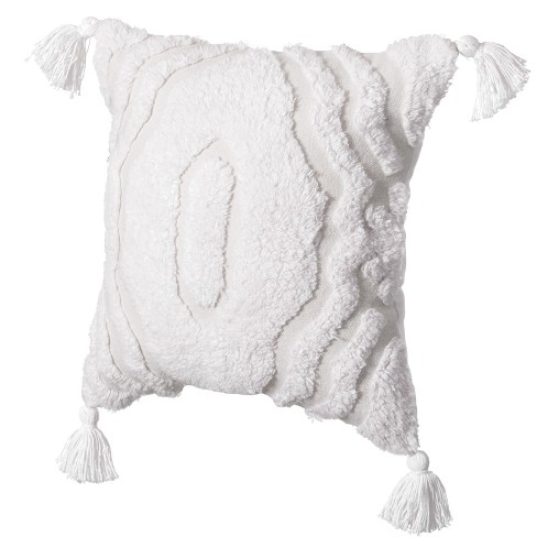 Deerlux 16 Handwoven Cotton Throw Pillow Cover with White Tufted Line Pattern and Tassel Corners with Filler, White