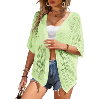 Womens Short Sleeve Cardigan Beach Cover Up Hollow-Out Sweater Cardigan Batswing Sleeve Cover Up Lightweight Cardigan