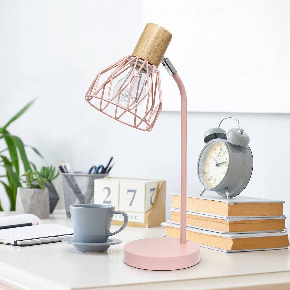 Simple Designs 18.19" Industrial Farmhouse Fusion Adjustable Cage Wire Accent Desk Lamp Light Pink