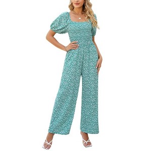 Whizmax Women's Summer Smocked Jumpsuits Casual Square Neck Short Sleeve High Waist Wide Leg Rompers with Pockets - 1 of 4