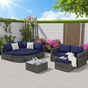 8-Piece Outdoor Wicker Sofa Set with Curved Sofa & Sectional L- Shaped Patio Furniture & Patio Conversation Set Coffee Table, Rattan & Cushions - 1 of 4