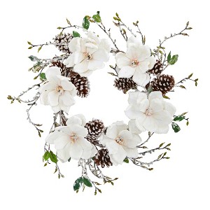 Nearly Natural 24-in Snowed Magnolia / Pinecone Wreath - 1 of 3