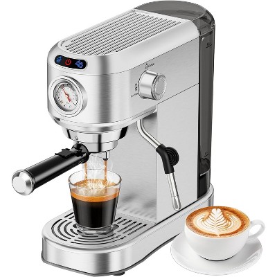 thumbnail interactive-video image 1 of Geepas 20 Bar Espresso Machine GCM41520 – Stainless Steel With Milk Frother 1 of 4
