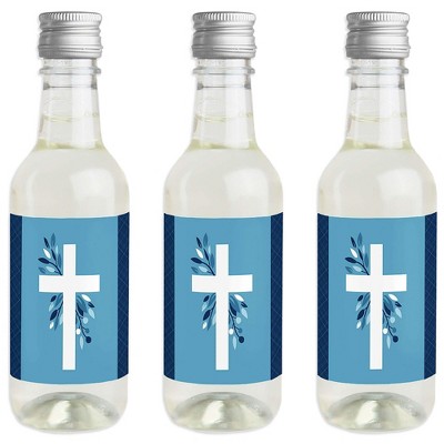 Big Dot of Happiness Blue Elegant Cross - Mini Wine and Champagne Bottle Label Stickers - Religious Party Favor Gift for Women and Men - Set of 16