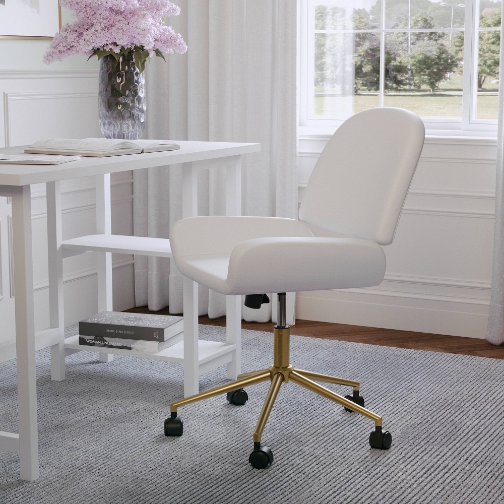 Upholstered Office Chair White/Polished Brass - Martha Stewart: Faux Leather, Pneumatic Height, Swivel Seat, Metal Frame