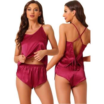 cheibear Womens 4pcs Sleepwear Pjs Satin Lingerie Cami with Shorts Robe  Pajama Set Red Large