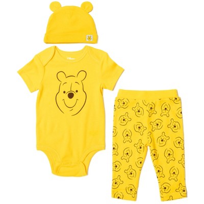 Image of Disney Winnie the Pooh Newborn Baby Boys Bodysuit Pants and Hat 3 Piece Outfit Set Yellow Newborn