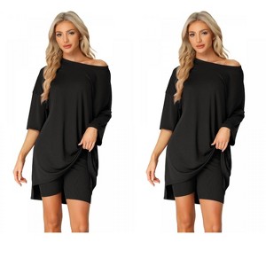 INSPIRE CHIC Women's 2 Pcs Knit Loungewear 3/4 Sleeve T-Shirt with Bike Shorts Pajama Set - 1 of 4