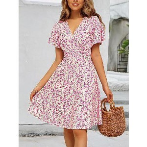 Coolmee Women's Summer Boho Floral Sundress Short Sleeve Wrap V Neck A-Line Midi Dress - 1 of 4
