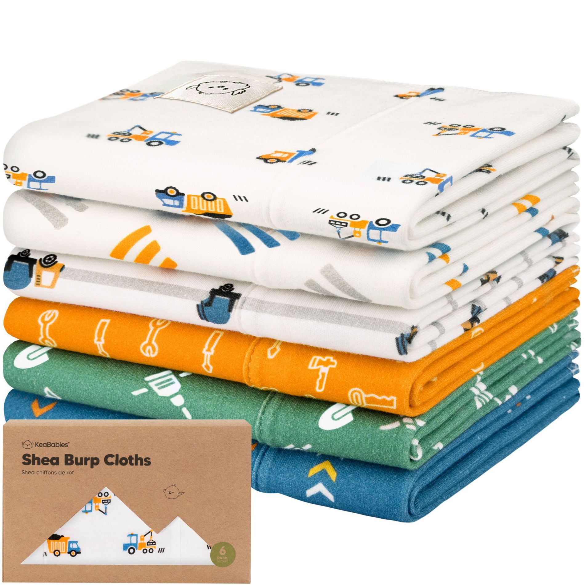 6pk Shea Baby Burp Cloths for Baby Boys and Girls, Organic Burping Cloths for Babies, Newborn (Builders)