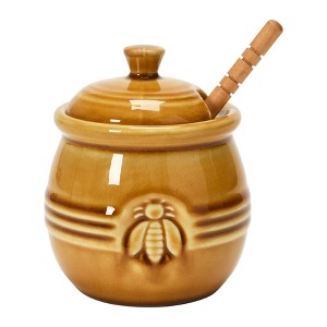 Storied Home Farmhouse Embossed Stoneware Honey Pot with Wood Honey Dipper - 1 of 4