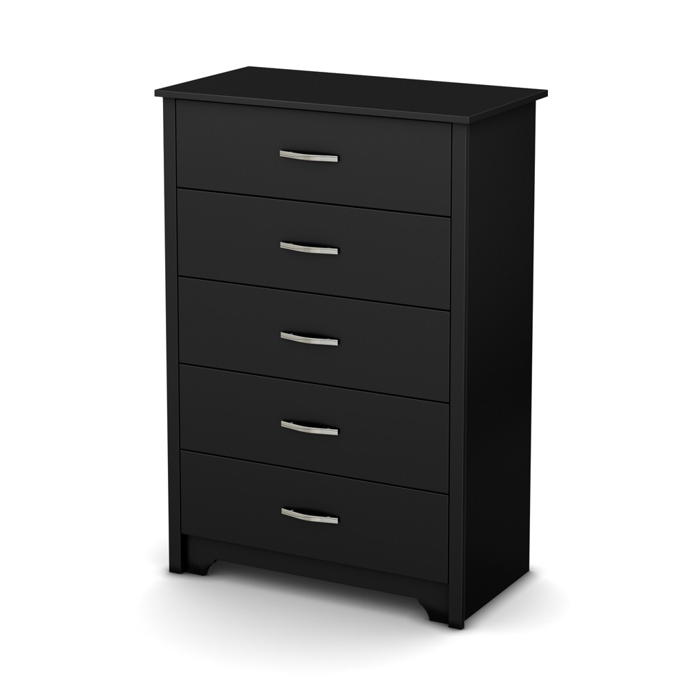 South Shore Fusion 5 Drawer Chest Pure Black: Tall Storage, Metal Slides, Laminate Surface