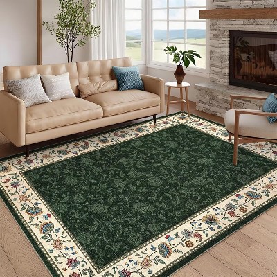 5'x7' Washable Floral Kitchen Rug, Non-Slip, Low Pile Geometric Bordered Mat for Hallway, Bathroom, Entryway, Soft Non-Shed, Green