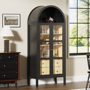 72" Arched Pantry Cabinet with Sensor Light & Glass Doors, Modern Farmhouse Display Cabinet with Adjustable Shelf & Drawers-3irtyhousy - 1 of 4