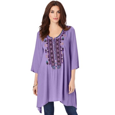 Roaman's Women's Plus Size Embroidered Henley Tunic
