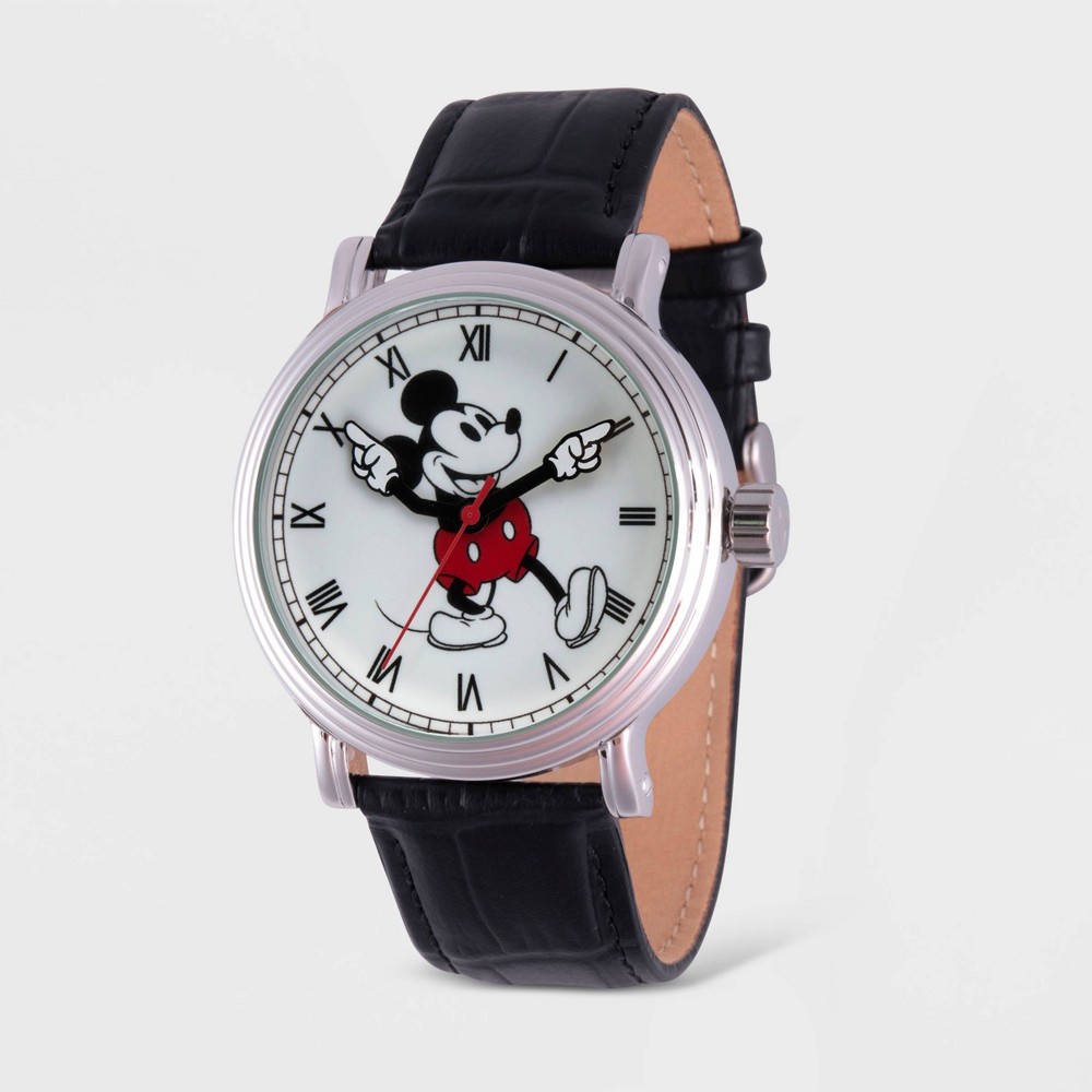 Photos - Wrist Watch Men's Disney Mickey Mouse Vintage Leather Strap - Black