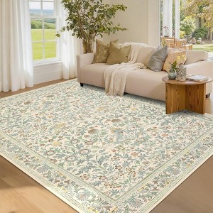 Washable Rugs for Living Room, Non Slip Floral Area Rugs, Low Pile Stain Resistant Botanical Bird Soft Carpet - 1 of 4
