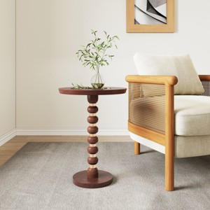 Mango Wood Round Side Table, Modern Pedestal End Table with Carved Base and Top, Fully Assembled Accent Table for Living Room - Cuddlewood - 1 of 4