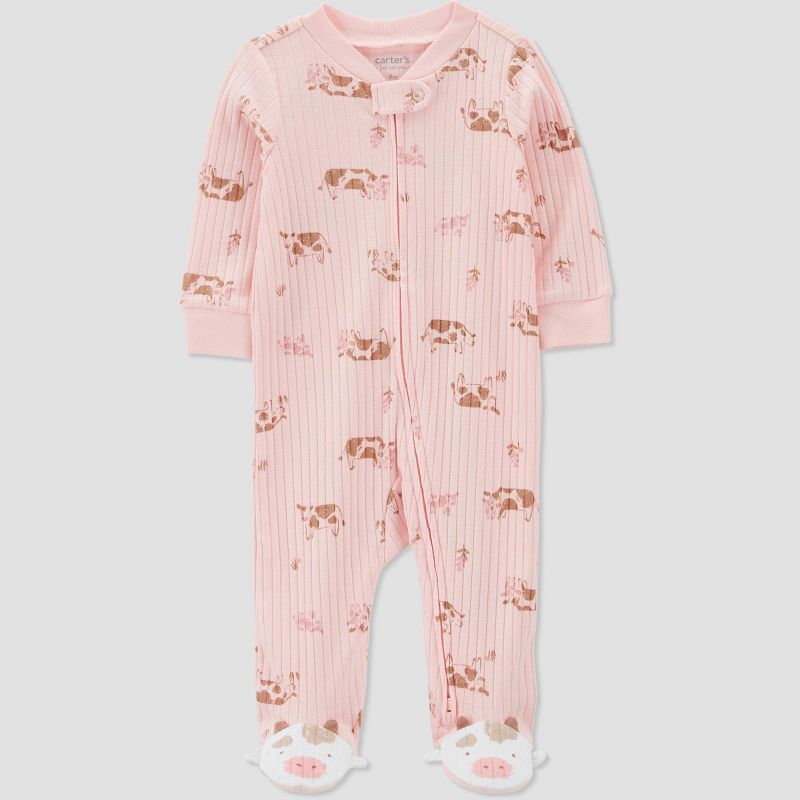 Carter's Just One You® Baby Girls' Cows Footed Pajama - Pink/Brown, 1 of 9