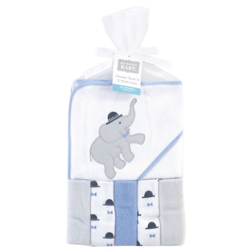 Hudson Baby Infant Boy Hooded Towel and Five Washcloths, Handsome Elephant, One Size, 3 of 4
