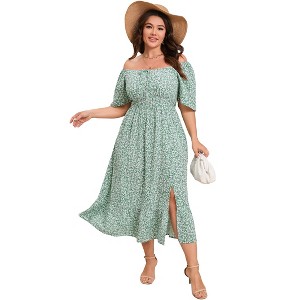 YESFASHION Womens Plus Size Square Neck Floral Print Summer Dress Ruffle Short Sleeve Tie Front Slit Hem Boho Maxi Dress - 1 of 4