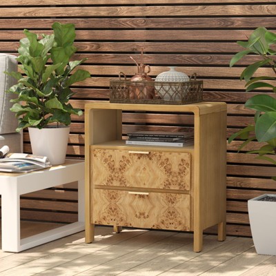 JIONJOY Burl Wood Nightstand with Built-in Charging Station with 2 Drawers & USB/Type-C Ports-Natural