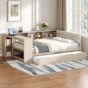 Whisen Wood Platform Bed with Storage Shelves, Drawers, Charging Station and Upholstered Headboard - 1 of 4
