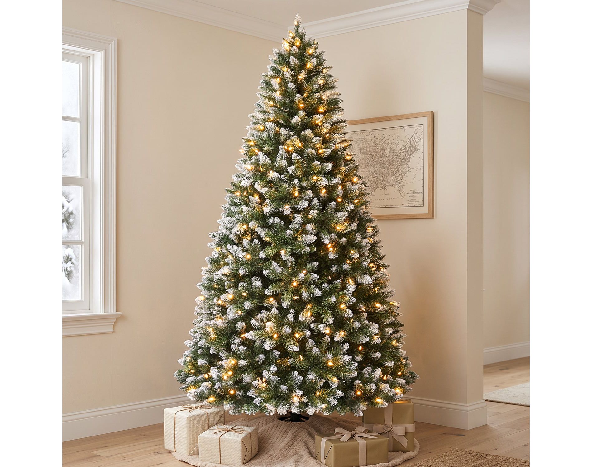 VIVATREES 7.5ft Prelit Christmas Tree Artificial Flocked with Warm White LED Lights Hinged Branches Metal Stand