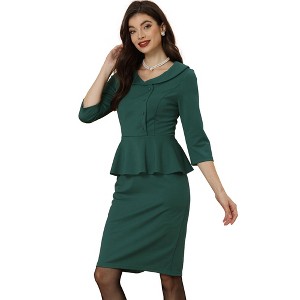 Allegra K Women's 3/4 Sleeve Navy Collar Work Vintage Peplum Bodycon Dress - 1 of 4