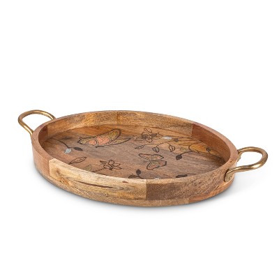 GG Collection Mango Wood with Laser Butterfly Design Oval Tray with Handles.