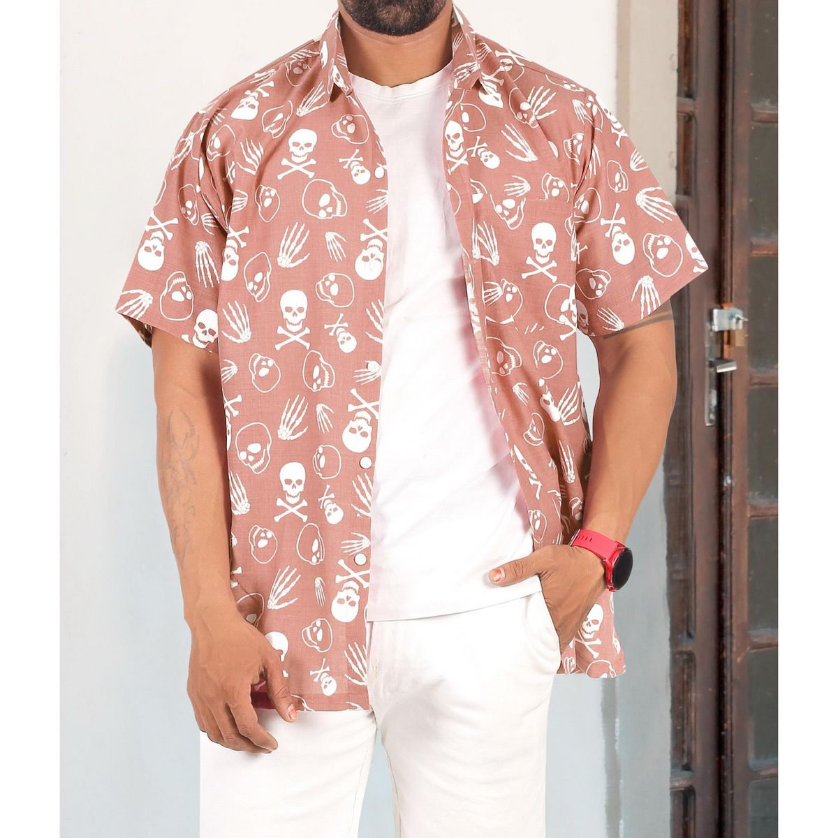 HAPPY BAY Mens Hawaiian Short Sleeve Button Down Shirt Men's Halloween Costumes Shirt Linen Effect Beach Shirts for Men XXL Red, Skull - thumbnail 5