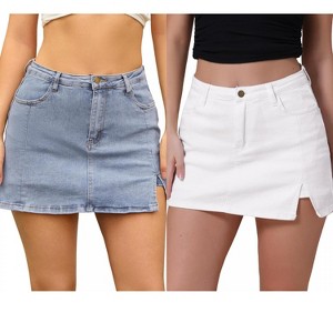 INSPIRE CHIC Women's Jean Side Slit High Waisted A-Line Stretch Mini Denim Skirts 2 Packs - 1 of 4