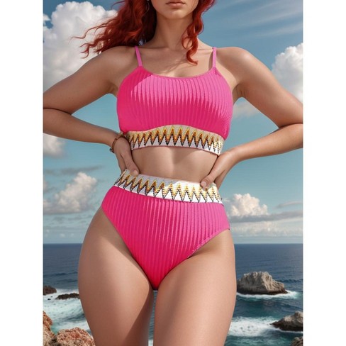 Dometour Women s High Waisted Swimsuit Two Piece Ribbed Bikini Sets Cheeky Bathing Suits Hot Red xl Target