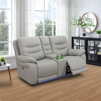 MAYEERTY Power Reclining Loveseat, Electric 2-Seat Breathable Leather Recliner with USB Charging & LED for Living Room, Light Grey