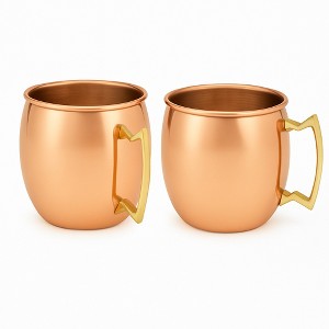 Modern Home Handmade 16oz Solid Copper Mule Mug – Barrel Shaped Mug with Brass Handle & Smooth Texture (Set of 2) - 1 of 4