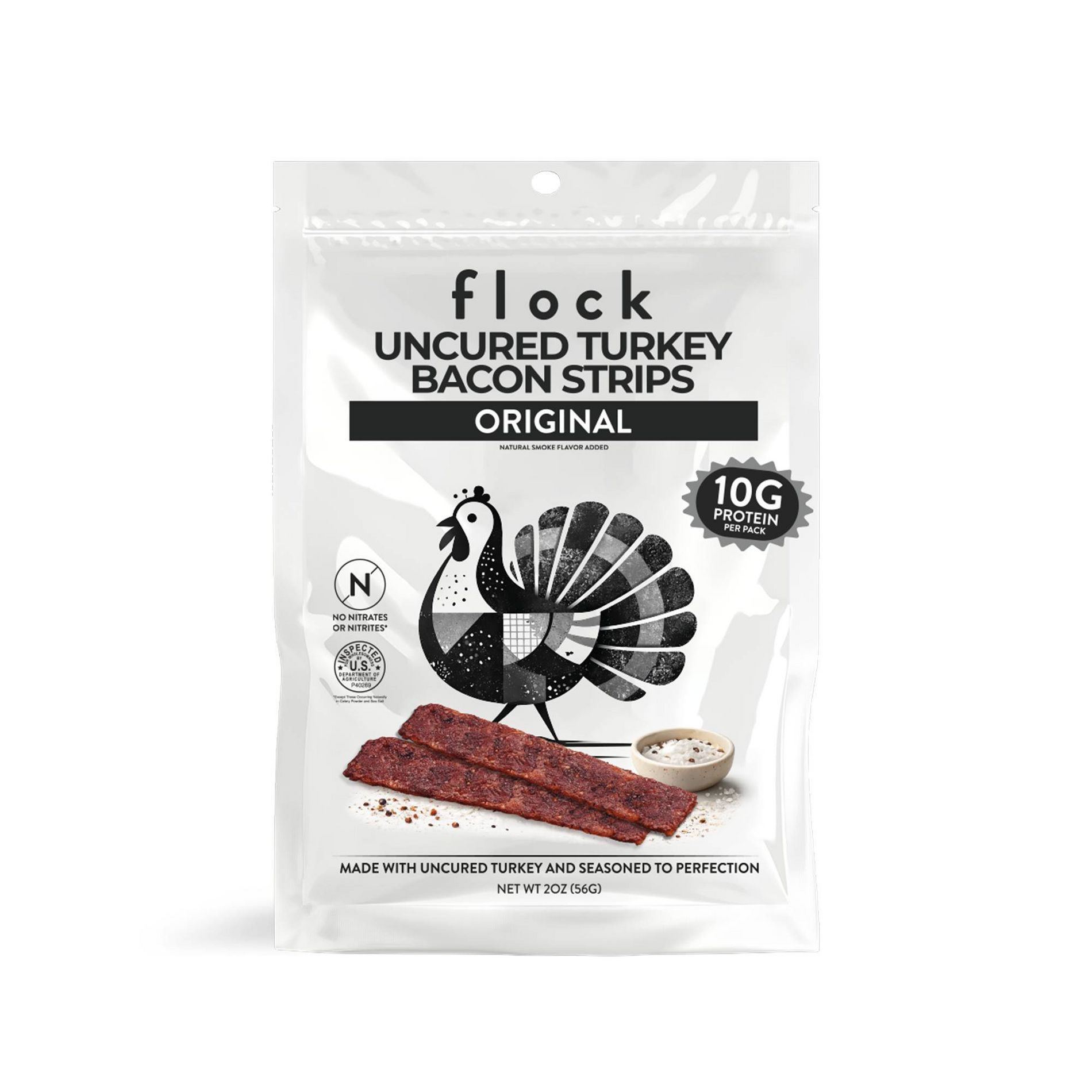 Flock Foods Uncured Original Turkey Bacon Strips - 10g Protein - 2oz