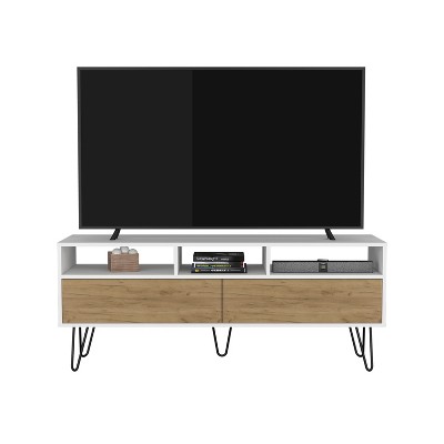 Vynxaria Modern TV Stand, 2 Doors, 3 Shelves, 5 Legs, White and Wood Finish