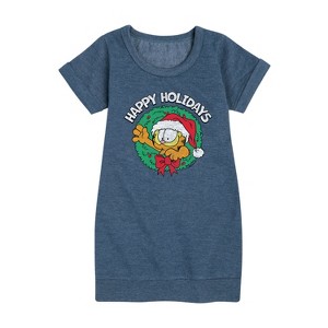 - Garfield - Happy Holidays Wreath Graphic Short Sleeve Fleece Dress - 1 of 4
