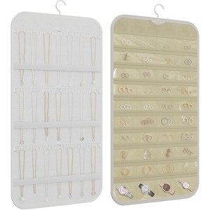Double-Sided Hanging Jewelry Organizer with 40 Pockets & 36 Hooks, Wall Mounted Storage for Necklaces & Earrings, White White and Beige - 1 of 4