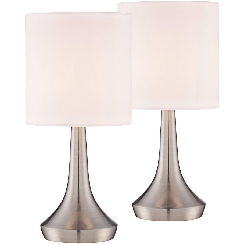 360 Lighting Zofia Modern Accent Table Lamps 13" High Set of 2 Brushed Nickel Silver Tapered Metal Touch On Off White Fabric Drum Shade for Bedroom, 1 of 7