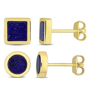 EVERLY JEWELRY | Men's Yellow Plated Sterling Silver 1 5/8ct TGW Square and Round Lapis Stud Earrings 2-Piece Set - 1 of 4