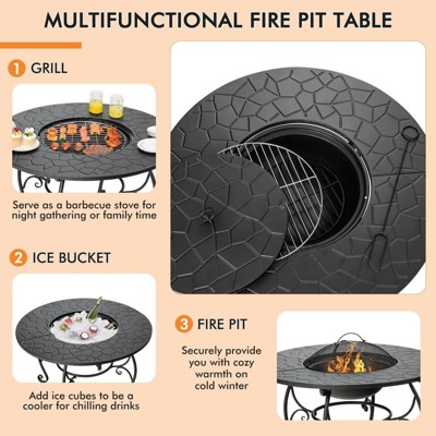 Black Steel Round Fire Pit Table with Cooking Grate