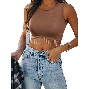 Nlife Womens Western Sparkly Fringe Sleeveless Crop Tops Cowgirl Going Out Cropped Tank Tops with Glitter Tassel - 1 of 4