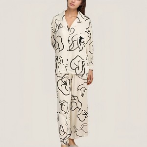 Anna-Kaci Lounge Women's Abstract Floral Woven Pajama Set with Long Sleeve Button Top and Wide Leg Pants - 1 of 4