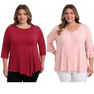 GRACE & GRANDEUR Women's Plus Size 2 Pcs Set 3/4 Sleeve Top and Waist Pleated Asymmetric Hem Blouses - 1 of 4